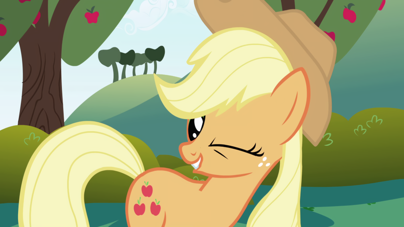 Size: 1920x1080 | Tagged: safe, derpibooru import, screencap, applejack, earth pony, pony, friendship is magic, season 1, bush, cutie mark, day, female, green eye, happy, hat, head turned, image, mare, one eye closed, orange fur, outdoors, png, sweet apple acres, teeth on lip, tree, yellow mane, yellow tail