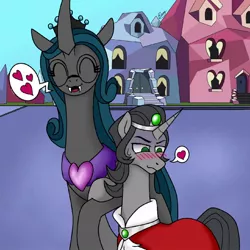 Size: 1080x1080 | Tagged: safe, alternate version, artist:d00tnibba, derpibooru import, king sombra, queen chrysalis, changeling, pony, unicorn, blushing, cape, chrysombra, clothes, female, image, jewelry, jpeg, male, mare, pictogram, reformed sombra, regalia, reversalis, shipping, stallion, straight
