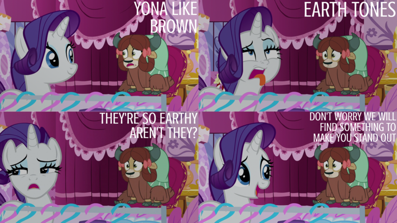 Size: 1280x720 | Tagged: safe, derpibooru import, edit, edited screencap, editor:quoterific, screencap, rarity, yona, pony, unicorn, yak, season 9, she's all yak, spoiler:s09, carousel boutique, duo, duo female, female, image, mare, open mouth, png, tongue out