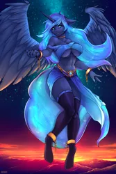 Size: 2000x3000 | Tagged: suggestive, artist:redwix, derpibooru import, princess luna, alicorn, anthro, unguligrade anthro, clothes, commission, female, high res, image, png, shackles, socks, solo, solo female, stars, sunset, thigh highs, ych result