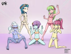 Size: 2969x2267 | Tagged: suggestive, artist:oldskullkid, banned from derpibooru, indigo zap, lemon zest, sour sweet, sugarcoat, sunny flare, human, equestria girls, cameltoe, child, clothes, double peace sign, female, females only, image, lolicon, panties, png, thong, underage, underwear, young, younger