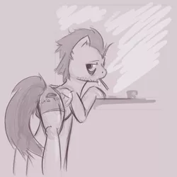 Size: 1200x1200 | Tagged: safe, artist:dovne, derpibooru import, soarin', pegasus, pony, bags under eyes, bathroom, bipedal, bipedal leaning, brushie, butt, clothes, image, leaning, looking back, male, mirror, monochrome, morning ponies, plot, png, requested art, shorts, sink, sleepy, solo, stallion, stubble, toothbrush, underwear