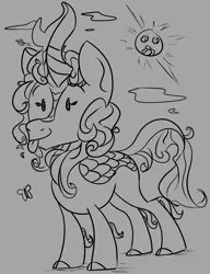 Size: 1626x2118 | Tagged: safe, artist:2hrnap, ponybooru import, autumn blaze, butterfly, insect, kirin, :p, cloud, grayscale, image, monochrome, png, solo, sun, tongue out