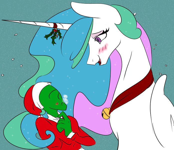 Size: 3880x3340 | Tagged: safe, artist:2hrnap, ponybooru import, princess celestia, oc, oc:anon, alicorn, human, pony, blushing, eye contact, female, holly, holly mistaken for mistletoe, human male, image, implied kissing, implied straight, looking at each other, male, mare, mistleholly, png, size difference