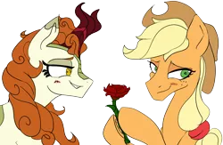 Size: 4142x2707 | Tagged: safe, artist:2hrnap, ponybooru import, applejack, autumn blaze, earth pony, kirin, pony, applejack's hat, autumnjack, blonde mane, blushing, cowboy hat, female, flower, freckles, hat, hoof hold, image, lesbian, orange coat, png, rose, shipping, simple background, smiling, transparent background, underhoof