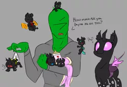 Size: 4012x2768 | Tagged: safe, artist:2hrnap, ponybooru import, oc, oc:anon, oc:costa, changeling, human, nymph, :3, baby bottle, baby changeling, burp, clothes, crying, dialogue, diaper, female, flying, foalsitter, gray background, image, male, open mouth, pacifier, png, simple background, sleeping