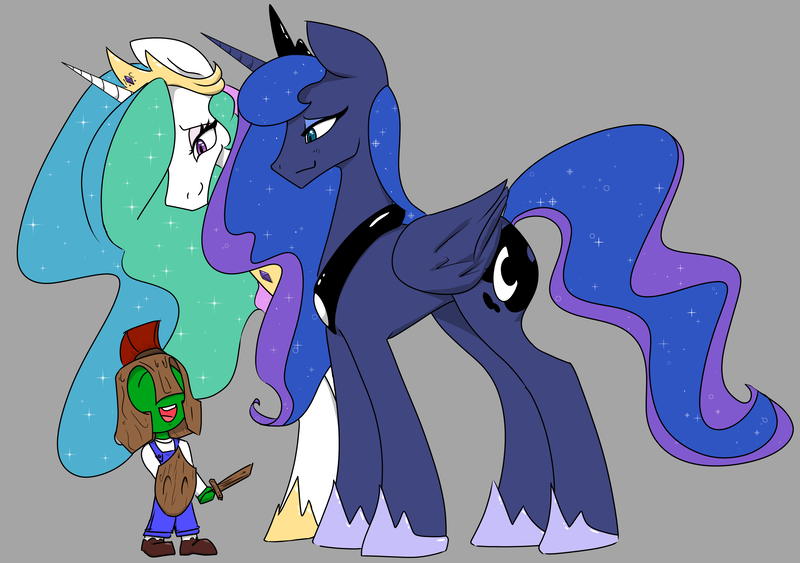 Size: 3020x2125 | Tagged: safe, artist:2hrnap, ponybooru import, princess celestia, princess luna, oc, oc:anon, oc:kid anon, alicorn, human, pony, auntie luna, clothes, crown, female, gray background, helmet, horn, image, jewelry, male, mare, momlestia, open mouth, png, regalia, royal sisters, shield, siblings, simple background, sisters, smiling, sword, weapon, wings, wooden sword