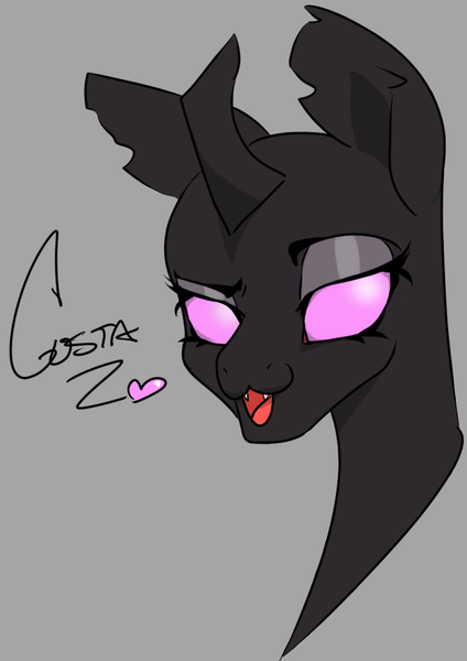 Size: 708x1001 | Tagged: safe, artist:2hrnap, ponybooru import, oc, oc:costa, unofficial characters only, changeling, bust, fangs, female, heart, image, looking at you, open mouth, png, portrait, raised eyebrow, simple background