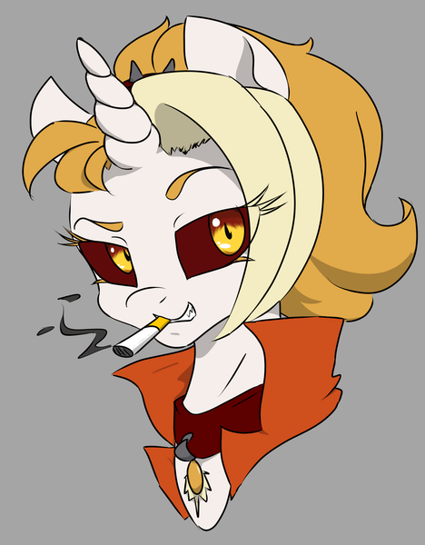 Size: 1217x1561 | Tagged: safe, artist:2hrnap, ponybooru import, oc, oc:dyx, unofficial characters only, alicorn, pony, alicorn oc, blonde, blonde mane, bust, cigarette, collar, female, gray background, grin, horn, image, mouth hold, png, portrait, raised eyebrow, simple background, smiling, smoking, solo, wings