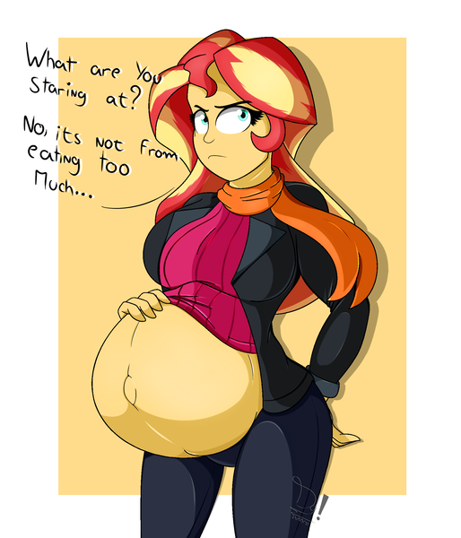Size: 1800x2100 | Tagged: safe, artist:diamondgreenanimat0, derpibooru import, sunset shimmer, equestria girls, angry, belly, belly button, big belly, breasts, busty sunset shimmer, clothes, hand on belly, hand on hip, hips, image, outie belly button, png, pregnant, pregnant equestria girls, scarf, solo, sunset preggers, talking to viewer