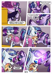 Size: 2100x3000 | Tagged: safe, artist:loryska, derpibooru import, rarity, twilight sparkle, twilight sparkle (alicorn), oc, oc:autumn glory, alicorn, pony, comic:friendship grows, baby, baby carrier, baby pony, horn, horns are touching, image, leonine tail, magic, magical lesbian spawn, offspring, parent:applejack, parent:rarity, parents:rarijack, png, tongue out