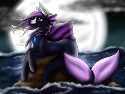 Size: 1400x1050 | Tagged: safe, artist:silentshadowwolf1998, derpibooru import, oc, unofficial characters only, hybrid, merpony, seapony (g4), cloud, deviantart watermark, dorsal fin, eyelashes, fish tail, image, moon, moonlight, obtrusive watermark, ocean, png, red eyes, rock, signature, sky, solo, stars, tail, water, watermark