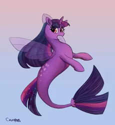 Size: 1191x1293 | Tagged: safe, artist:calamitygavel, derpibooru import, twilight sparkle, twilight sparkle (alicorn), alicorn, pony, seapony (g4), clothes, dorsal fin, female, fin wings, fish tail, flowing mane, horn, image, jpeg, looking at you, open mouth, seaponified, seapony twilight, see-through, simple background, solo, species swap, tail, wings
