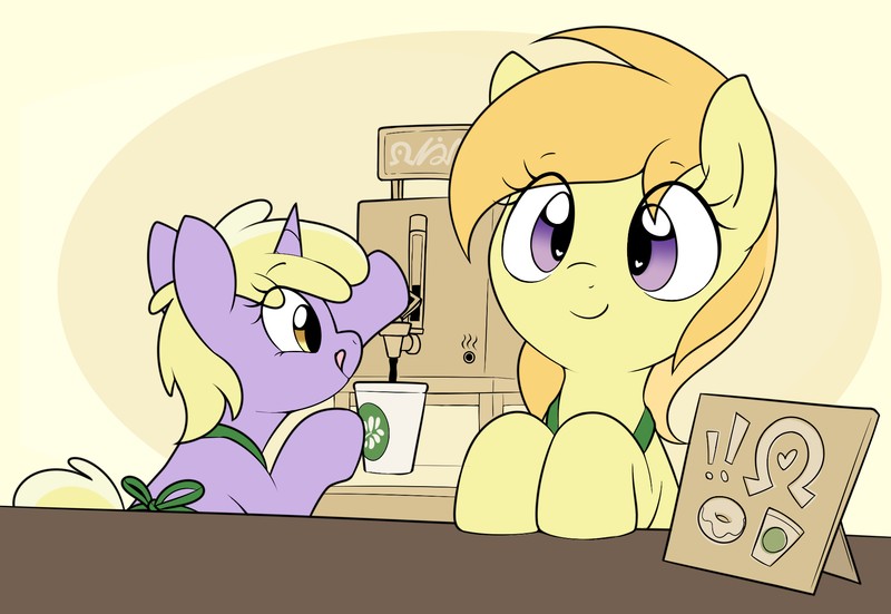 Size: 1952x1344 | Tagged: safe, artist:pestil, artist:shinodage, dinky hooves, noi, earth pony, pony, unicorn, apron, clothes, coffee shop, cute, female, filly, image, png, wingding eyes