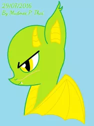 Size: 547x728 | Tagged: safe, artist:mudmee-thai, derpibooru import, oc, unofficial characters only, bat pony, pony, bat pony oc, bat wings, blue background, bust, horns, image, jpeg, simple background, solo, wings