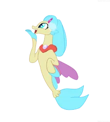 Size: 2128x2359 | Tagged: safe, artist:appleteenyjack, derpibooru import, princess skystar, seapony (g4), my little pony: the movie, blue eyes, blue mane, dorsal fin, female, fins, fin wings, fish tail, flower, flower in hair, image, jewelry, looking up, necklace, open mouth, pearl necklace, png, smiling, solo, tail, wings