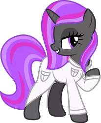 Size: 978x1186 | Tagged: safe, artist:pegasski, derpibooru import, oc, oc:dala, unofficial characters only, pony, unicorn, base used, bedroom eyes, clothes, eyelashes, female, grin, horn, image, lab coat, mare, png, raised hoof, simple background, smiling, solo, transparent background, unicorn oc