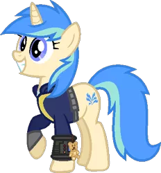 Size: 408x440 | Tagged: safe, artist:pegasski, derpibooru import, oc, oc:river splash, unofficial characters only, pony, unicorn, fallout equestria, base used, eyelashes, female, grin, horn, image, mare, pipbuck, png, raised hoof, simple background, smiling, solo, transparent background, unicorn oc