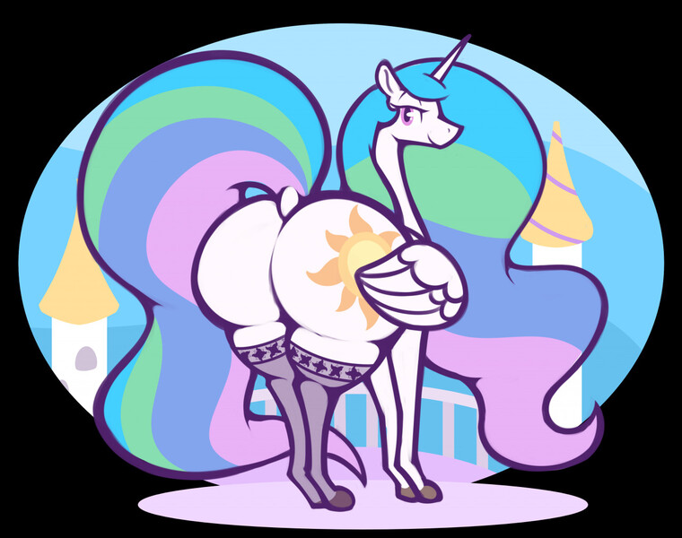 Size: 1280x1011 | Tagged: questionable, artist:ikakins, derpibooru import, princess celestia, alicorn, pony, butt, clothes, dock, female, huge butt, image, jpeg, large butt, looking at you, looking back, looking back at you, raised tail, socks, solo, solo female, stockings, sunbutt, tail, the ass was fat, thigh highs, wide hips