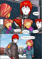 Size: 4961x7016 | Tagged: safe, artist:symptom99, derpibooru import, sunset shimmer, oc, oc:eternal flames, comic:a heartbreaking reunion, equestria girls, canon x oc, clothes, comic, commission, dialogue, image, png, sunseternal