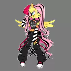 Size: 1500x1500 | Tagged: safe, artist:stevetwisp, derpibooru import, fluttershy, anthro, pegasus, pony, arm warmers, beanie, choker, clothes, ear piercing, earring, fingerless gloves, fishnets, fluttergoth, gloves, hat, image, jewelry, jpeg, pants, piercing, pins, septum, shoes, sneakers, spiked choker, wings