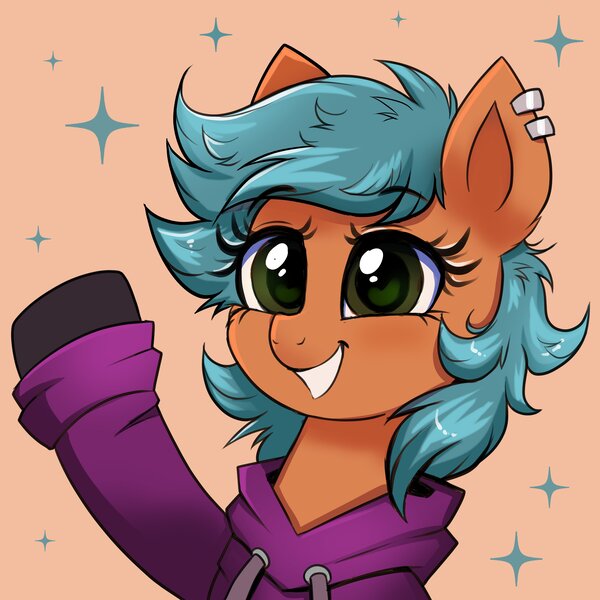 Size: 4000x4000 | Tagged: safe, artist:confetticakez, derpibooru import, oc, unofficial characters only, pony, absurd resolution, clothes, ear piercing, earring, female, happy, hoodie, image, jewelry, jpeg, mare, piercing, smiling, solo, sparkles, waving