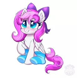 Size: 3682x3758 | Tagged: safe, artist:confetticakez, derpibooru import, oc, unofficial characters only, pegasus, pony, blushing, bow, chest fluff, clothes, female, hair bow, high res, image, jpeg, mare, pegasus oc, smiling, socks, solo, wings