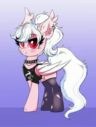 Size: 3000x4000 | Tagged: safe, artist:confetticakez, derpibooru import, oc, oc:cream puff, unofficial characters only, bat pony, pony, bat pony oc, bat wings, blushing, choker, clothes, ear piercing, earring, high res, image, jewelry, jpeg, looking at you, piercing, punk, shirt, smiling, socks, solo, spiked choker, stockings, thigh highs, torn clothes, wings