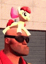 Size: 95x131 | Tagged: artist needed, safe, derpibooru import, apple bloom, human, pony, 3d, animated, applebetes, cute, engineer, gif, goggles, image, ponies riding humans, pony hat, riding, source filmmaker, team fortress 2, too cute
