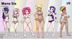 Size: 4168x2272 | Tagged: suggestive, alternate version, artist:oldskullkid, derpibooru import, applejack, fluttershy, pinkie pie, rainbow dash, rarity, sci-twi, twilight sparkle, human, equestria girls, arm behind back, arm behind head, armpits, bandeau, barefoot, belly button, boyshorts, bra, bracelet, breasts, briefs, busty fluttershy, cleavage, clothes, delicious flat chest, feet, female, females only, freckles, frilly underwear, high res, hips, human coloration, humane five, humane six, humanized, image, jewelry, jpeg, lingerarity, lingerie, lip ring, looking at you, mouth hold, muscles, muscular female, open mouth, panties, piercing, pink underwear, polka dot underwear, purple underwear, ribbon, solo, solo female, underwear, white underwear