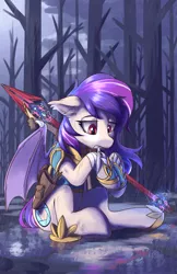 Size: 2200x3400 | Tagged: safe, artist:ravistdash, derpibooru import, oc, oc:sunset cloudy, unofficial characters only, bat pony, armor, arrow, bandage, bat pony oc, bat wings, bow, commission, forest, image, injured, night, png, rain, sad, sitting, solo, spear, tree, underhoof, water, weapon, wings