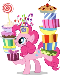 Size: 2280x2849 | Tagged: safe, derpibooru import, official, earth pony, pony, adventures in ponyville, balancing, bowl, box, cake, candy, candy cane, cherry pie (food), food, frosting, image, lemon, lollipop, pie, png, present, solo, sweets