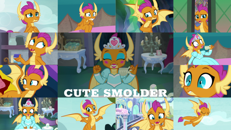 Size: 1280x721 | Tagged: safe, artist:quoterific, derpibooru import, edit, edited screencap, editor:quoterific, screencap, smolder, stepford ponies, dragon, season 8, season 9, spoiler:s08, spoiler:s09, clothes, cute, dress, friendship student, image, makeup, png, princess smolder, smolderbetes, solo