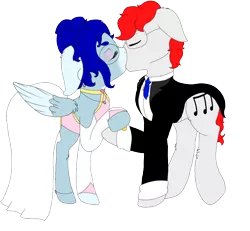 Size: 1300x1200 | Tagged: safe, artist:sajimex, derpibooru import, oc, oc:apex soundwave, oc:hajime, unofficial characters only, earth pony, pegasus, pony, clothes, dress, duo, female, husband and wife, image, kissing, male, mare, marriage, married couple, png, reference used, romantic, simple background, stallion, suit, transparent background, tuxedo, wedding, wedding dress