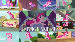 Size: 1280x721 | Tagged: safe, derpibooru import, edit, edited screencap, editor:quoterific, screencap, apple bloom, pinkie pie, earth pony, pony, a friend in deed, lesson zero, season 2, season 5, apple bloom's bow, bow, carousel boutique, duo, duo female, eyes closed, female, golden oaks library, hair bow, image, jumping, library, open mouth, pinkie being pinkie, png, smile song, solo, sugarcube corner, trio, trio female, twilight's castle