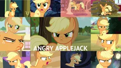 Size: 1280x721 | Tagged: safe, derpibooru import, edit, edited screencap, editor:quoterific, screencap, applejack, earth pony, pony, father knows beast, look before you sleep, no second prances, season 1, season 4, season 6, season 8, simple ways, spoiler:s08, angry, applejack is not amused, applejack's hat, cowboy hat, cute, cute when angry, female, hat, hatless, image, jackabetes, madorable, mare, missing accessory, png, silly, silly pony, solo, unamused, who's a silly pony