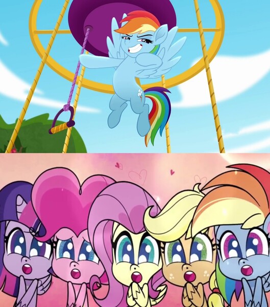 Size: 1966x2230 | Tagged: safe, boulder media, derpibooru import, screencap, applejack, fluttershy, pinkie pie, rainbow dash, rarity, twilight sparkle, twilight sparkle (alicorn), alicorn, earth pony, pegasus, pony, unicorn, my little pony: pony life, rainbow roadtrip, spoiler:pony life s02e17, applejack's hat, cowboy hat, female, hat, heart, high res, image, jpeg, mane five, mane six, mare, reaction, reaction image, what goes updo, wow