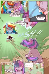 Size: 960x1440 | Tagged: suggestive, artist:cold-blooded-twilight, derpibooru import, rainbow dash, spike, twilight sparkle, pegasus, pony, unicorn, cold blooded twilight, comic:cold storm, bipedal, blushing, clothes, comic, dialogue, dripping, fangs, fear, female, flirting, glowing eyes, hair covering face, hoofing, image, leggings, lesbian, looking at each other, magic, png, retreating, running, running away, shipping, smiling, socks, softcore, speech bubble, spread wings, stockings, thigh highs, tongue out, twidash, unicorn twilight, wet, wind, windswept mane, wings