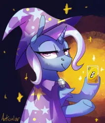 Size: 1229x1440 | Tagged: safe, artist:anticular, derpibooru import, trixie, pony, unicorn, cape, card, chest fluff, clothes, female, hat, image, jpeg, lidded eyes, looking at you, mare, playing card, solo, trixie's cape, trixie's hat, underhoof, uno, uno reverse card