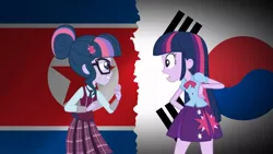 Size: 1024x576 | Tagged: safe, artist:thatradhedgehog, derpibooru import, sci-twi, twilight sparkle, human, equestria girls, friendship games, duo, duo female, female, glasses, grin, image, jpeg, nervous, nervous grin, north korea, open mouth, self paradox, shocked, smiling, south korea, teeth, twolight