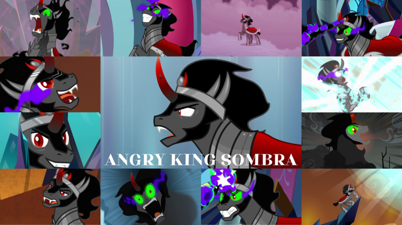 Size: 1280x719 | Tagged: safe, derpibooru import, edit, edited screencap, editor:quoterific, screencap, king sombra, pony, unicorn, season 3, season 5, season 9, the beginning of the end, the crystal empire, the cutie re-mark, spoiler:s09, angry, blast, defeated, evil, evil grin, grin, image, magic, magic beam, magic blast, male, png, smiling, solo, stallion