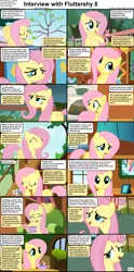 Size: 1282x2590 | Tagged: safe, derpibooru import, edit, edited screencap, screencap, fluttershy, bird, pegasus, pony, comic:celestia's servant interview, friendship is magic, putting your hoof down, :o, caption, comic, cs captions, cup, cute, eyes closed, female, fluttershy's cottage, happy, image, interview, looking at you, mare, open mouth, png, screencap comic, shyabetes, solo, teacup, text