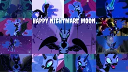 Size: 1280x722 | Tagged: safe, derpibooru import, edit, edited screencap, editor:quoterific, screencap, nightmare moon, alicorn, a royal problem, do princesses dream of magic sheep, friendship is magic, princess twilight sparkle (episode), season 1, season 4, the cutie re-mark, evil, evil grin, grin, image, laughing, laughing mad, moon, night, png, smiling, solo