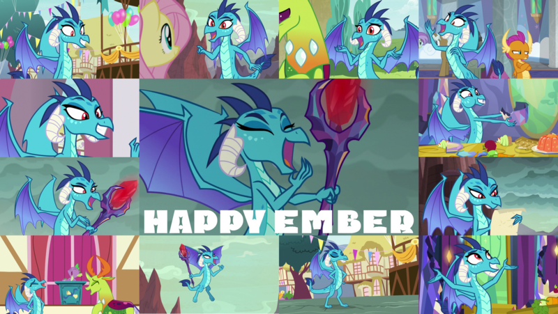 Size: 1280x721 | Tagged: safe, derpibooru import, edit, edited screencap, editor:quoterific, screencap, fluttershy, princess ember, smolder, spike, thorax, changedling, changeling, dragon, pegasus, pony, gauntlet of fire, school daze, season 8, season 9, sweet and smoky, triple threat, uprooted, spoiler:s08, spoiler:s09, apple, bloodstone scepter, collage, cupcake, cute, dragon lord ember, eating, emberbetes, food, image, jello, king thorax, laughing, png