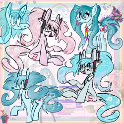 Size: 1100x1100 | Tagged: safe, artist:junko, derpibooru import, kotobukiya, ponified, earth pony, pony, anime, blue eyes, digital art, eyelashes, female, hatsune miku, headset, image, kotobukiya hatsune miku pony, mare, music notes, necktie, pigtails, png, rainbow, red eyes, signature, smiling, solo, tongue out, twintails, vocaloid