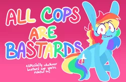 Size: 2866x1883 | Tagged: safe, artist:connorbal, banned from derpibooru, deleted from derpibooru, derpibooru import, rainbow dash, pegasus, pony, acab, alternate hairstyle, angry, comments locked down, female, gritted teeth, image, mare, mouthpiece, png, politics, sitting, solo, text