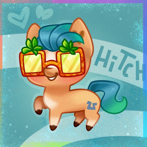 Size: 4000x4000 | Tagged: safe, artist:irinamar, derpibooru import, hitch trailblazer, earth pony, pony, abstract background, absurd resolution, blaze (coat marking), blushing, chibi, coat markings, cute, g5, glasses, heart, hitchbetes, image, jpeg, male, pale belly, raised hoof, smiling, socks (coat marking), solo, sunglasses, text, unshorn fetlocks