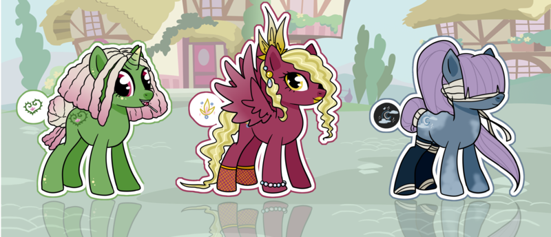 Size: 3260x1400 | Tagged: safe, artist:smilesupsidedown, derpibooru import, oc, unofficial characters only, earth pony, pegasus, pony, unicorn, bandage, blindfold, earth pony oc, horn, image, open mouth, outdoors, pegasus oc, png, smiling, unicorn oc, wings