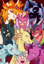 Size: 3348x4867 | Tagged: safe, artist:chub-wub, derpibooru import, adagio dazzle, aria blaze, cosmos (character), cozy glow, daybreaker, nightmare moon, princess eris, queen chrysalis, sonata dusk, alicorn, changeling, draconequus, pegasus, pony, siren, absurd resolution, evil, evil grin, fangs, female, filly, gem, grin, image, jpeg, mare, open mouth, siren gem, smiling, the dazzlings