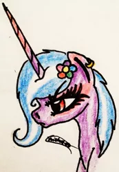 Size: 1606x2318 | Tagged: safe, artist:beamybutt, derpibooru import, oc, unofficial characters only, pony, unicorn, bust, ear piercing, earring, eyelashes, flower, flower in hair, frown, horn, image, jewelry, jpeg, piercing, signature, solo, traditional art, unicorn oc